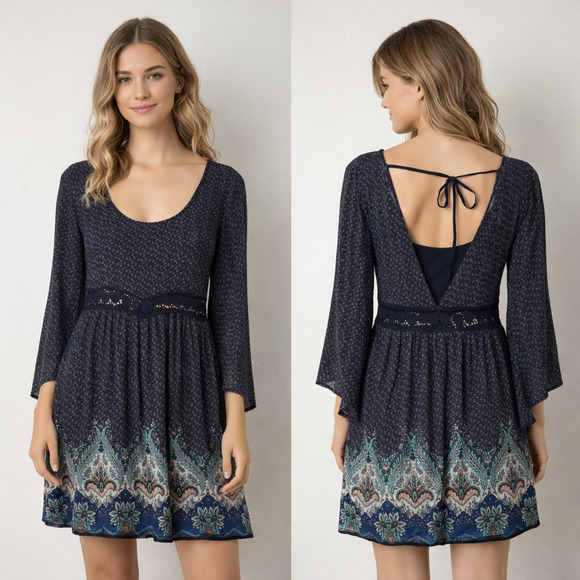 Hollister Dresses & Skirts - Hollister Y2K Womens Skater Boho Mini Dress Sz S Floral Paisley Flare Sleeve